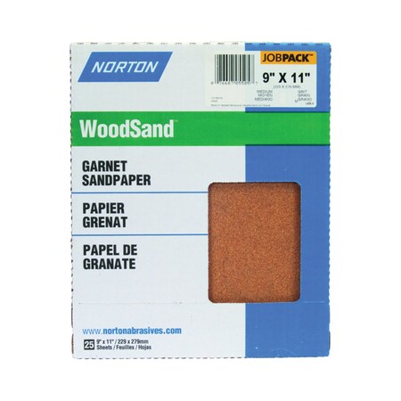 Norton WoodSand Sanding Sheet, 11 In L, 9 In W, Medium, 120 Grit, Garnet Abrasive, Paper Backing